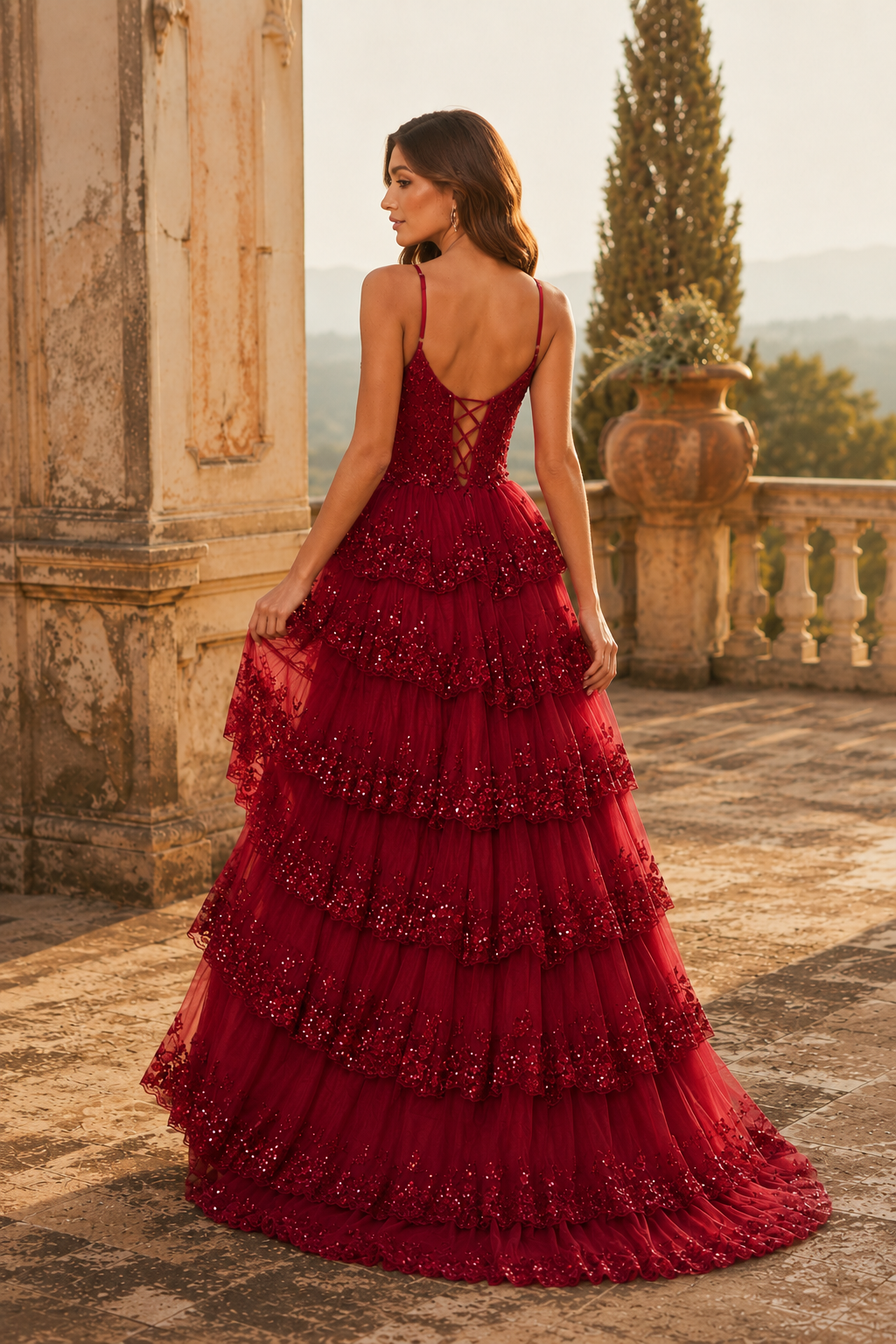 Jorvina Spaghetti-Strap Tiered Gown with Slit Prom Dress