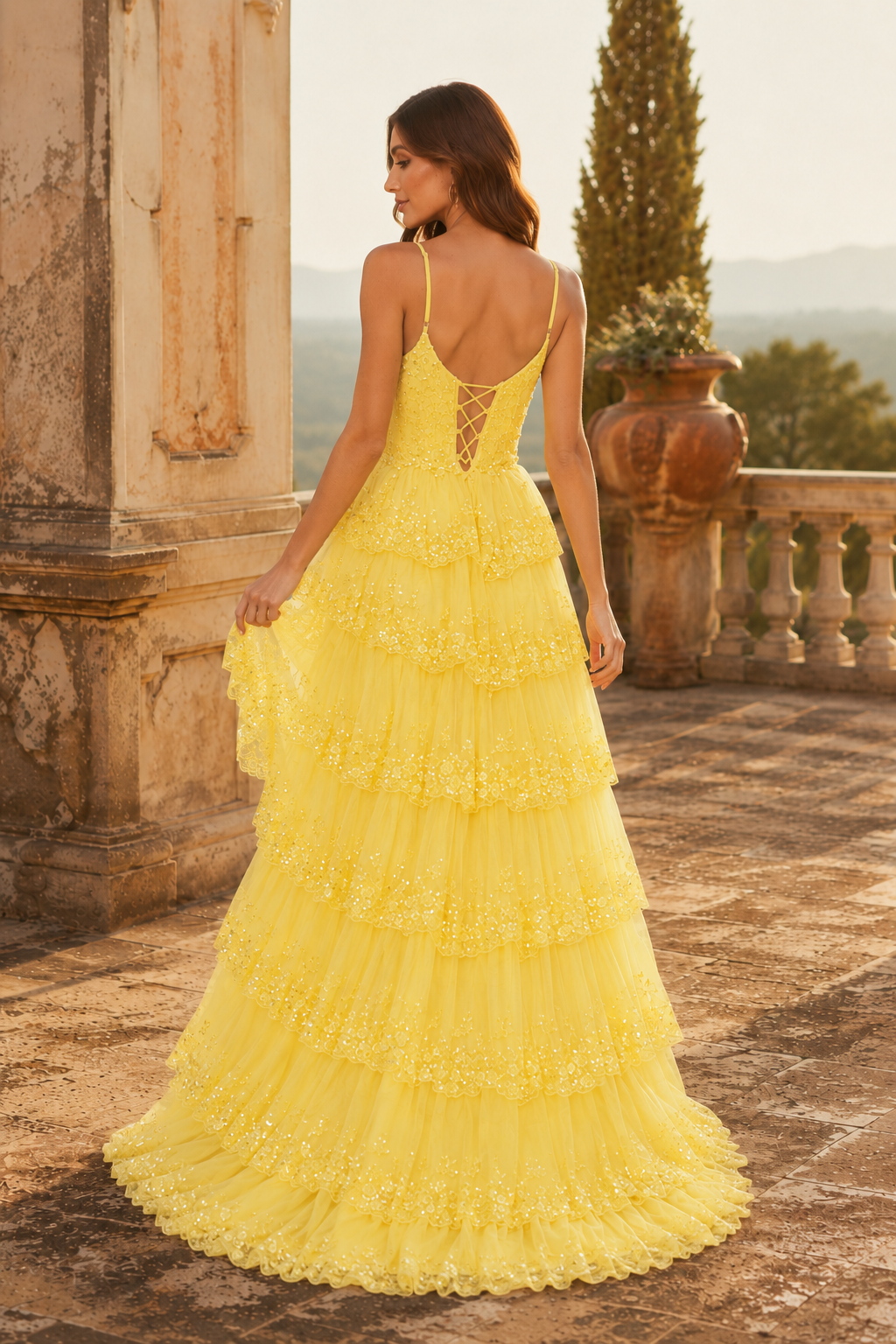 Jorvina Spaghetti-Strap Tiered Gown with Slit Prom Dress