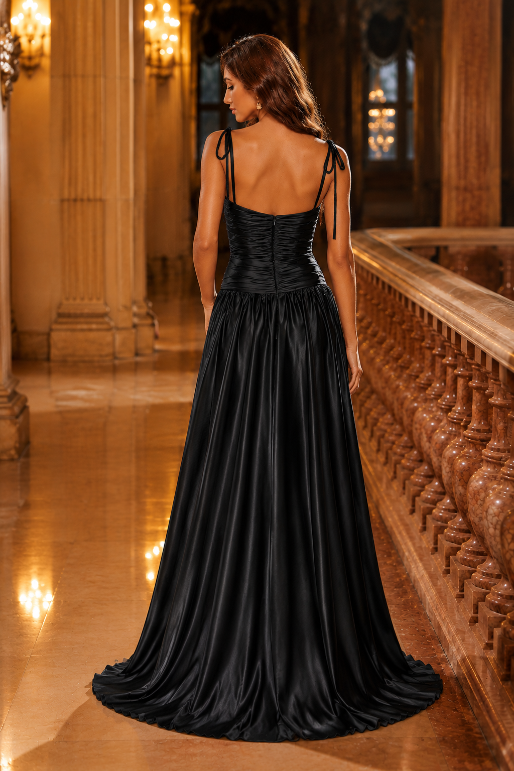 Helvara Spaghetti-Strap Gown with Slit Prom Dress