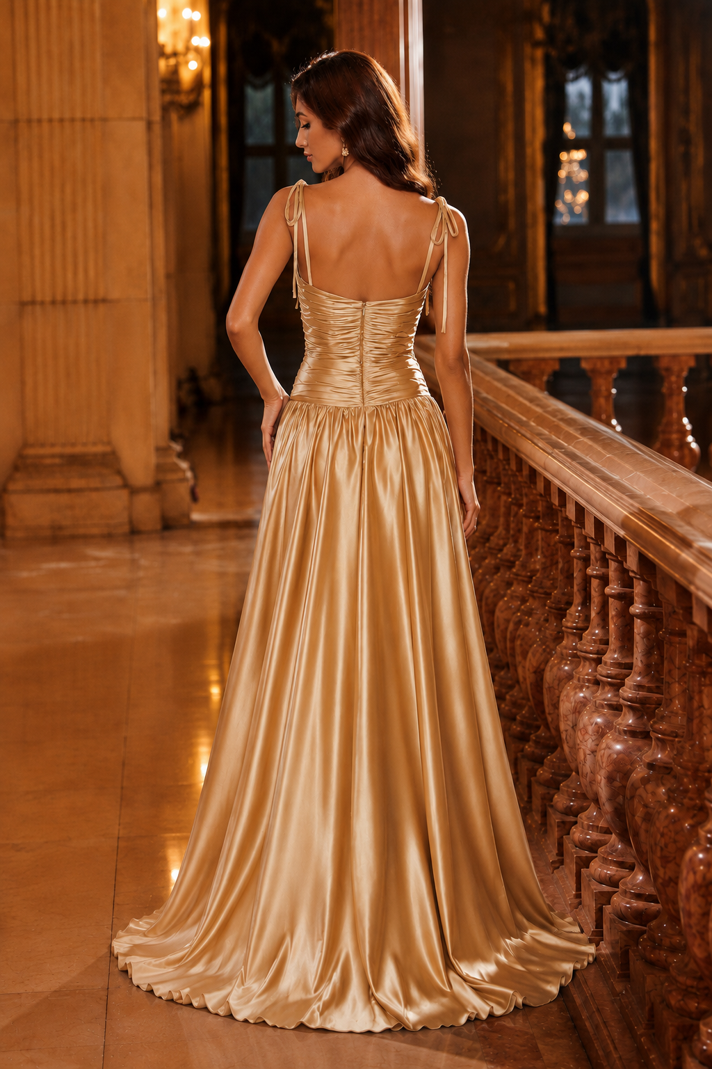 Helvara Spaghetti-Strap Gown with Slit Prom Dress