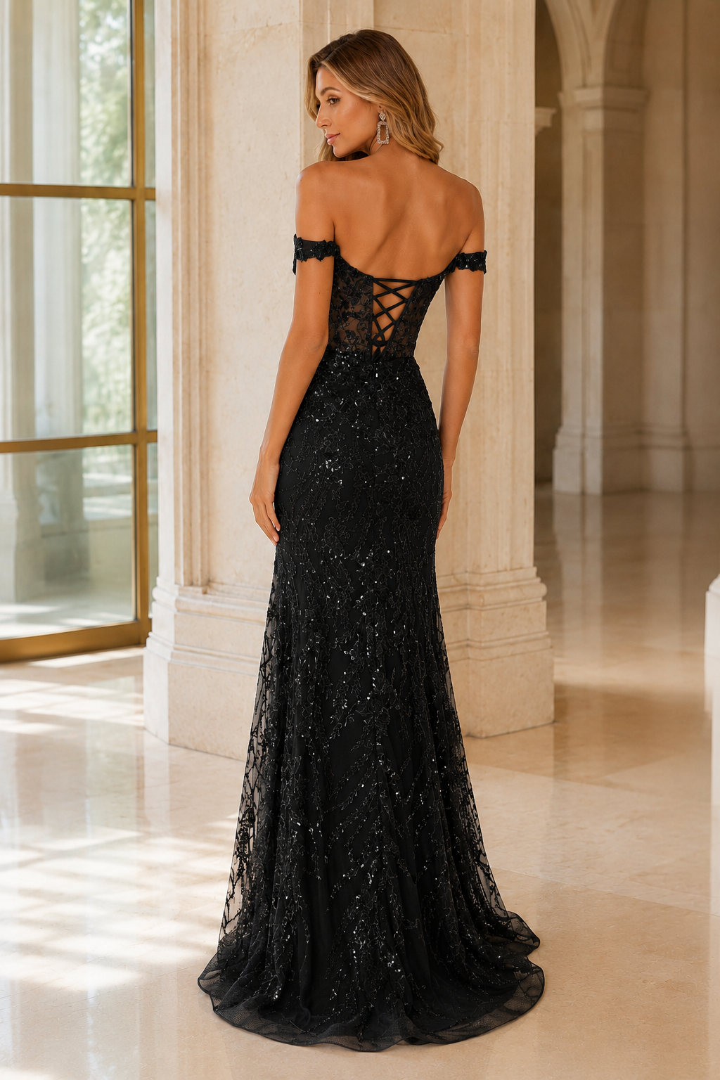 Jorvella Periwinkle Off-the-Shoulder Embellished Gown with Slit Prom Dress