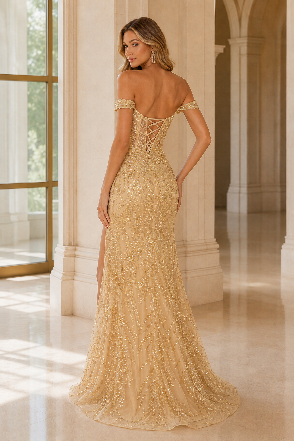 Jorvella Periwinkle Off-the-Shoulder Embellished Gown with Slit Prom Dress