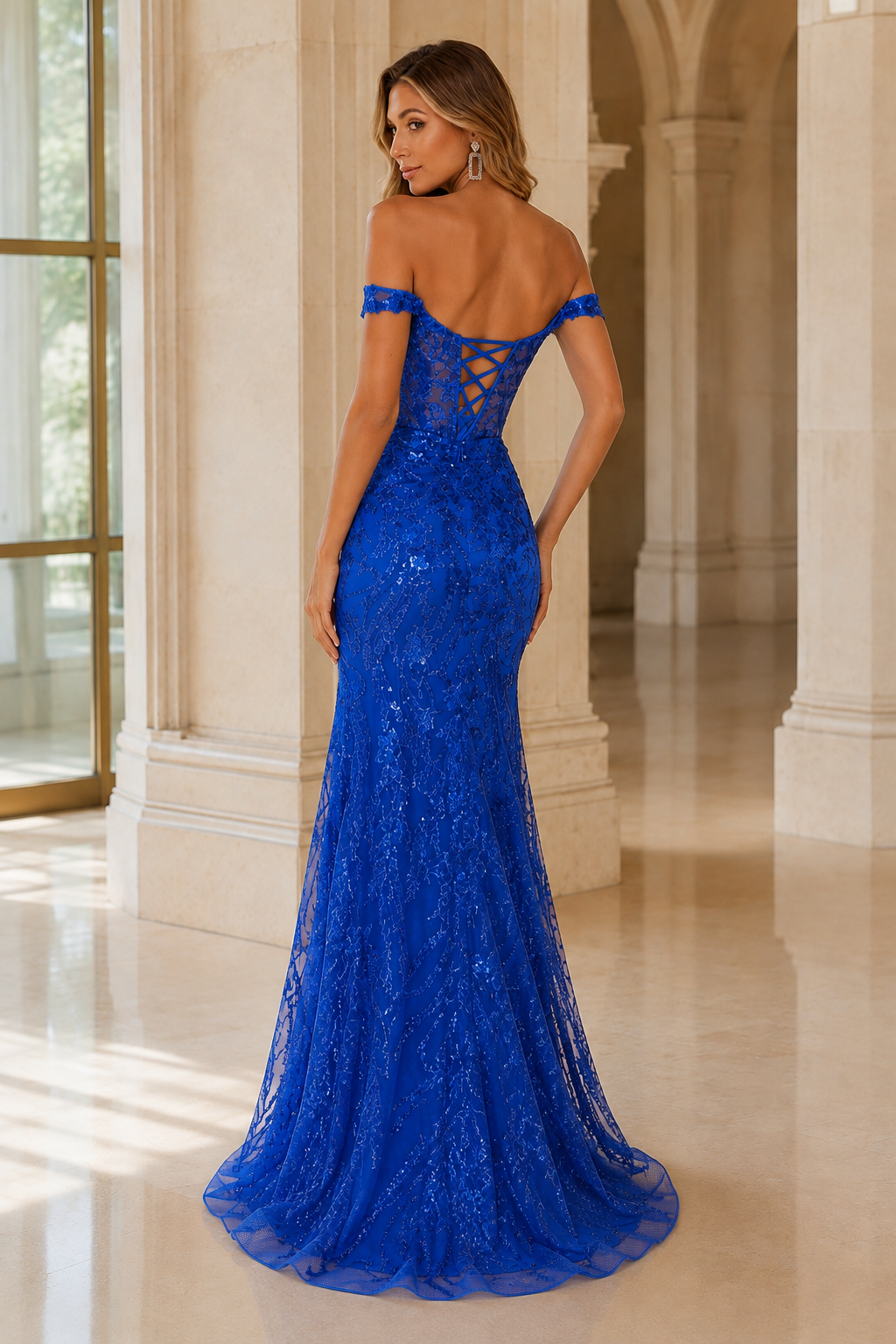 Jorvella Periwinkle Off-the-Shoulder Embellished Gown with Slit Prom Dress