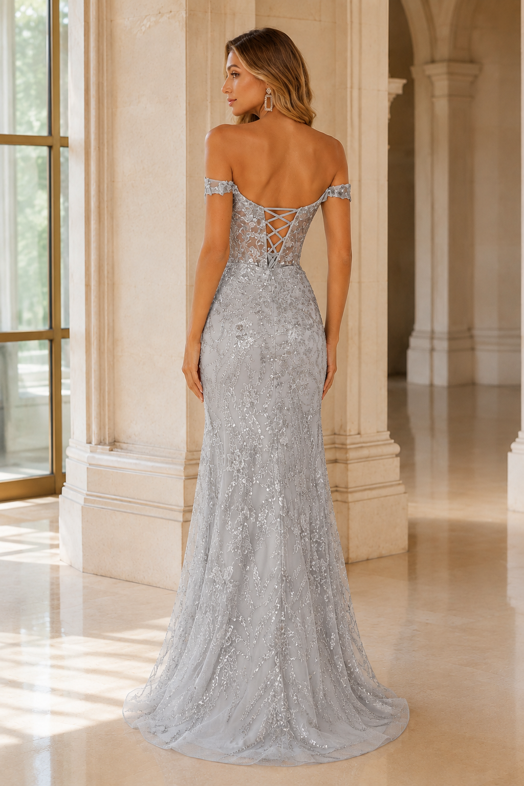 Jorvella Periwinkle Off-the-Shoulder Embellished Gown with Slit Prom Dress