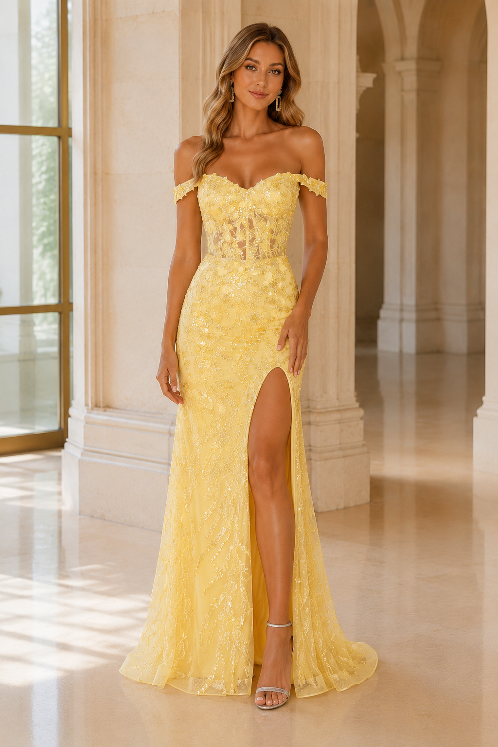 Jorvella Periwinkle Off-the-Shoulder Embellished Gown with Slit Prom Dress