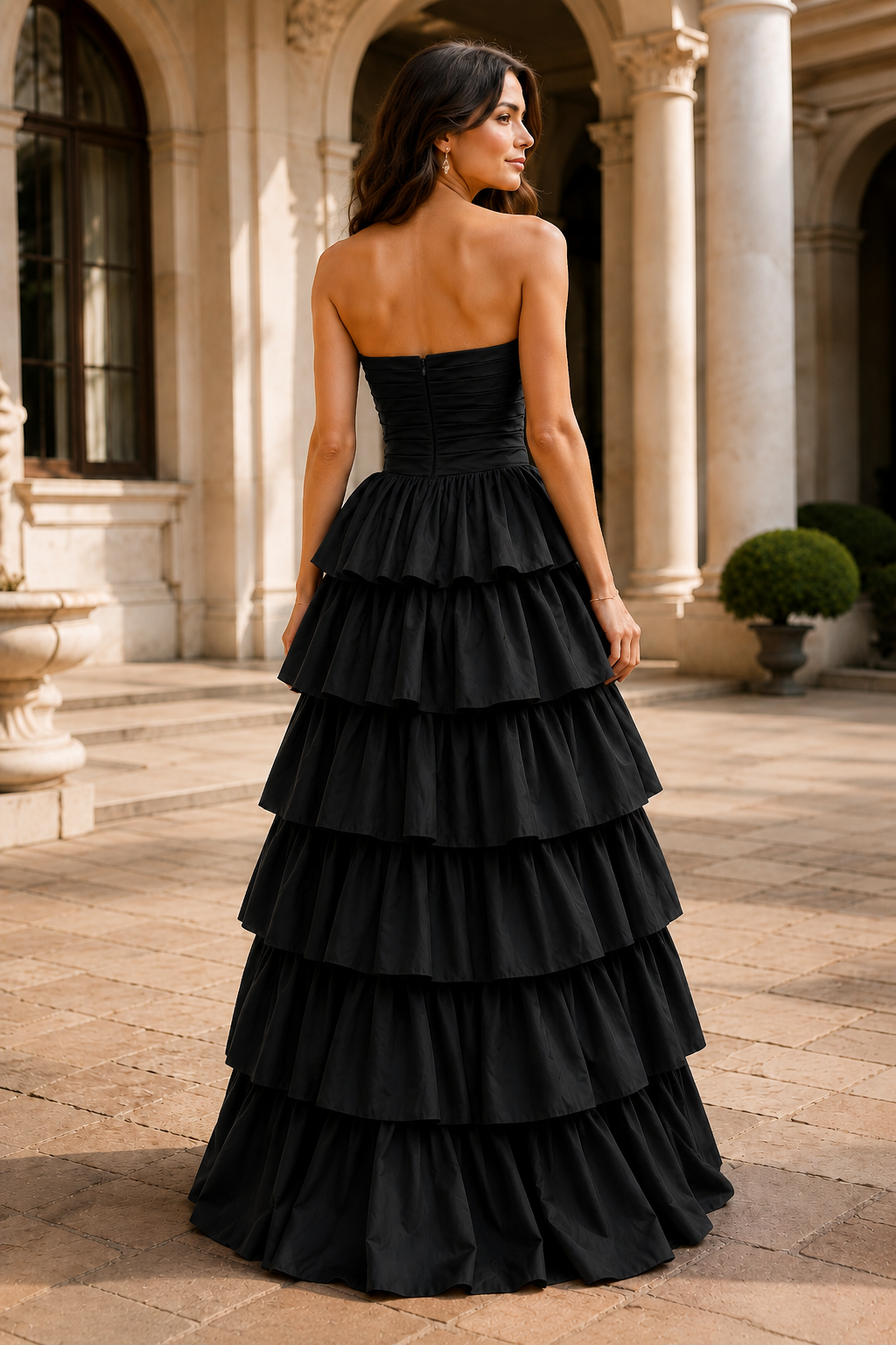 Helthia Strapless Tiered Ruffle Gown with Slit Prom Dress