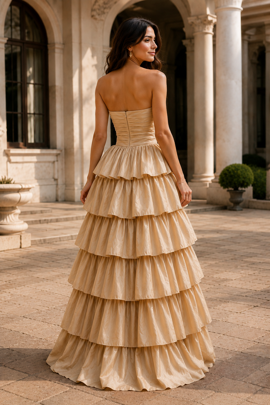 Helthia Strapless Tiered Ruffle Gown with Slit Prom Dress