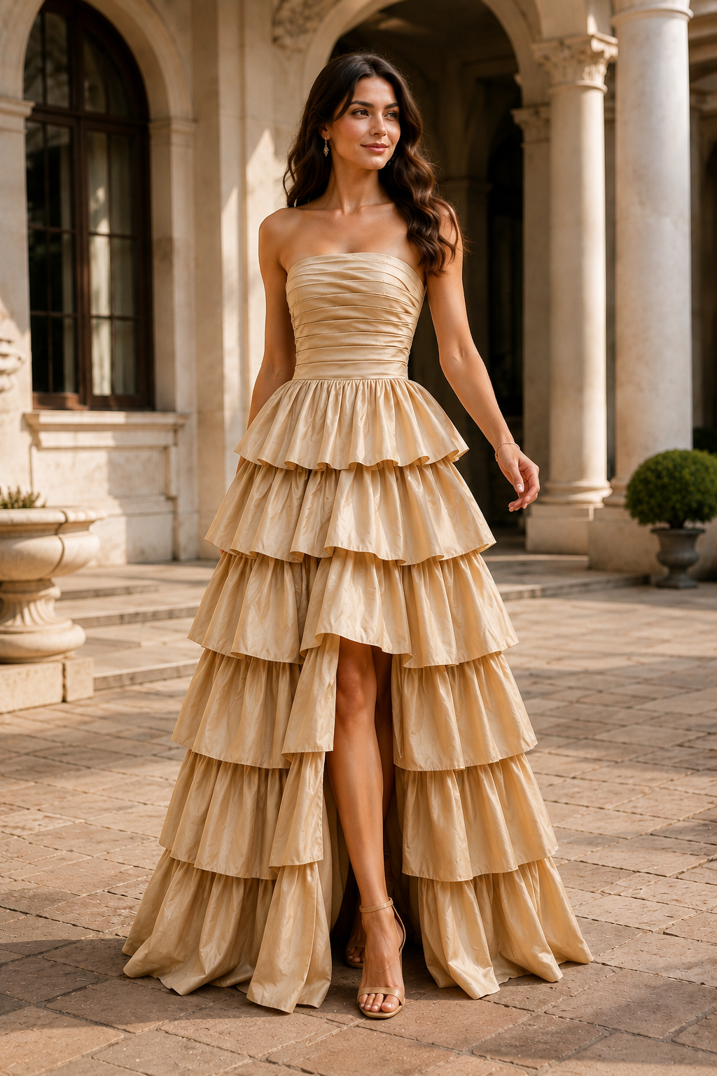 Helthia Strapless Tiered Ruffle Gown with Slit Prom Dress