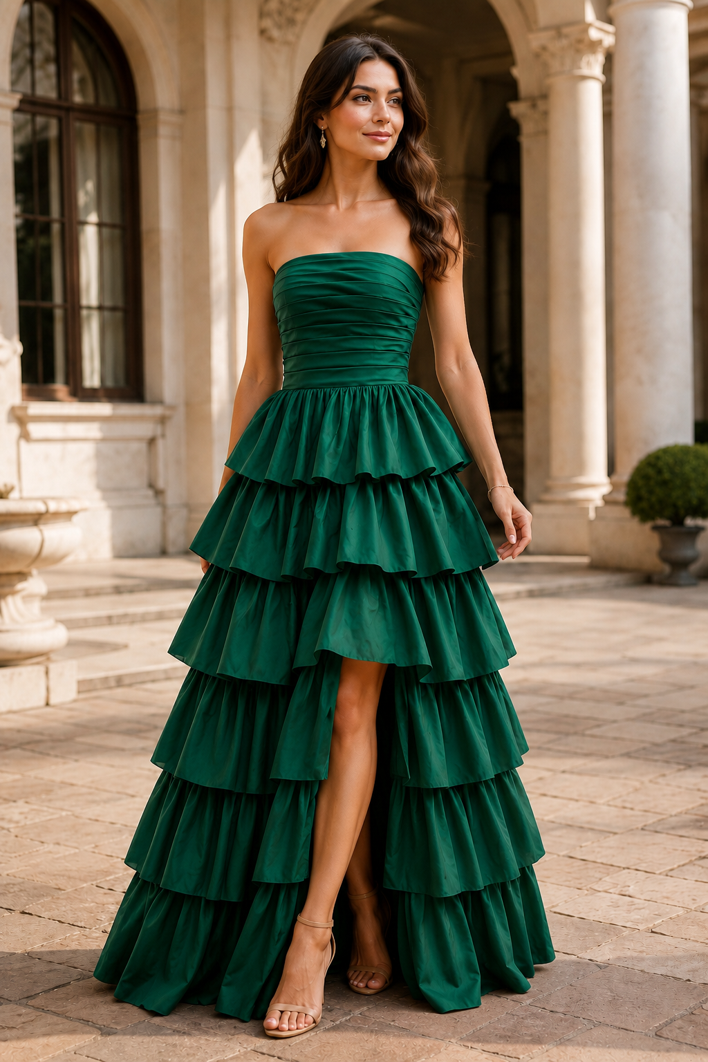 Helthia Strapless Tiered Ruffle Gown with Slit Prom Dress