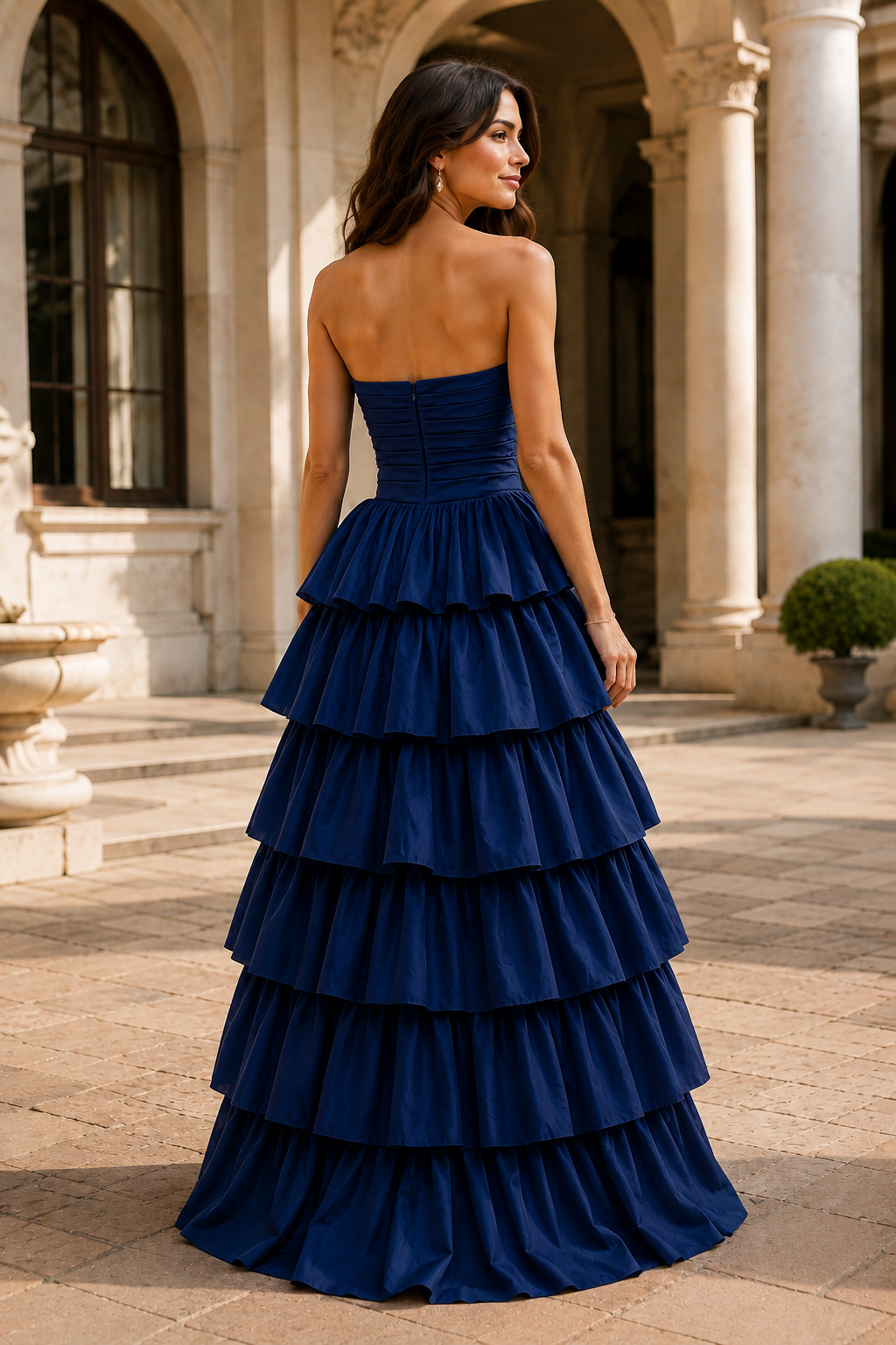 Helthia Strapless Tiered Ruffle Gown with Slit Prom Dress