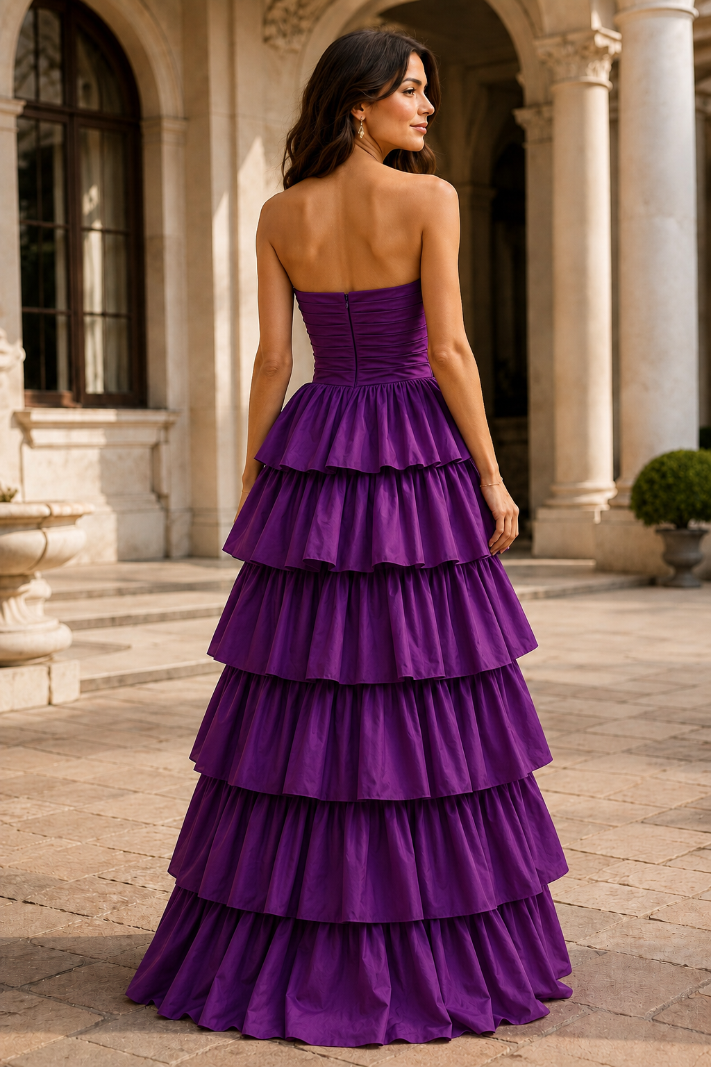 Helthia Strapless Tiered Ruffle Gown with Slit Prom Dress