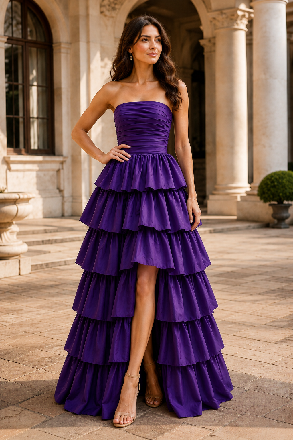 Helthia Strapless Tiered Ruffle Gown with Slit Prom Dress