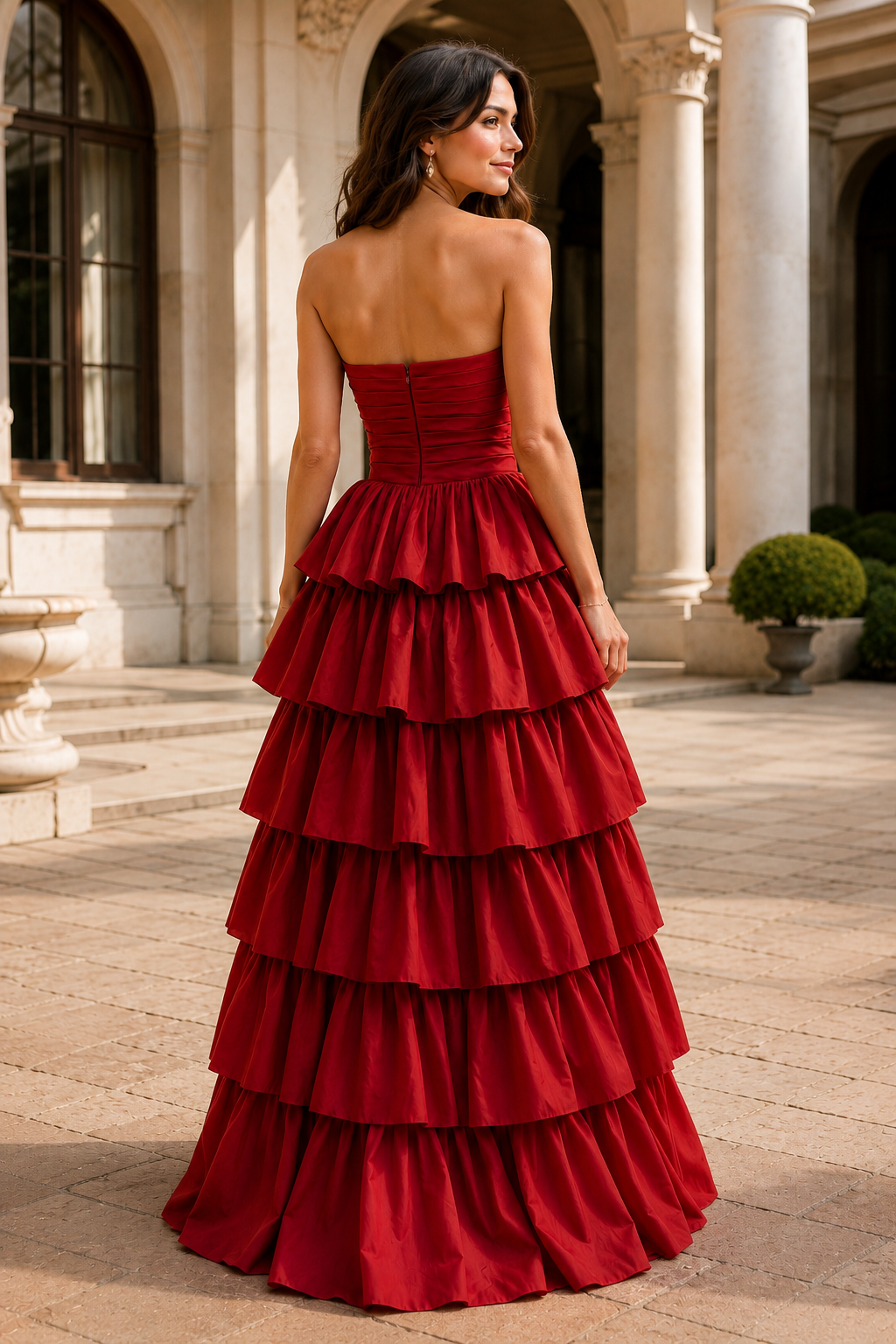 Helthia Strapless Tiered Ruffle Gown with Slit Prom Dress