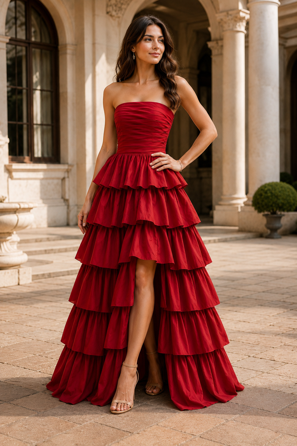 Helthia Strapless Tiered Ruffle Gown with Slit Prom Dress