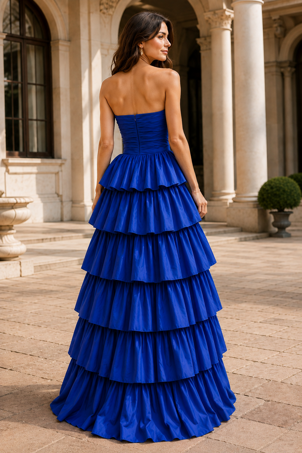 Helthia Strapless Tiered Ruffle Gown with Slit Prom Dress