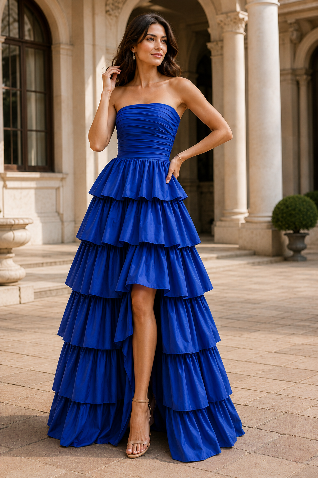 Helthia Strapless Tiered Ruffle Gown with Slit Prom Dress