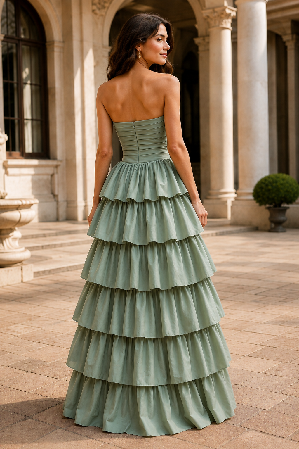 Helthia Strapless Tiered Ruffle Gown with Slit Prom Dress