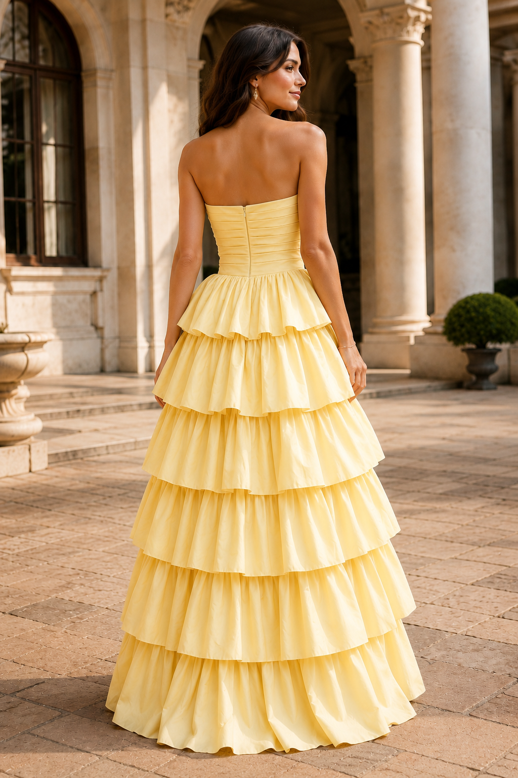 Helthia Strapless Tiered Ruffle Gown with Slit Prom Dress