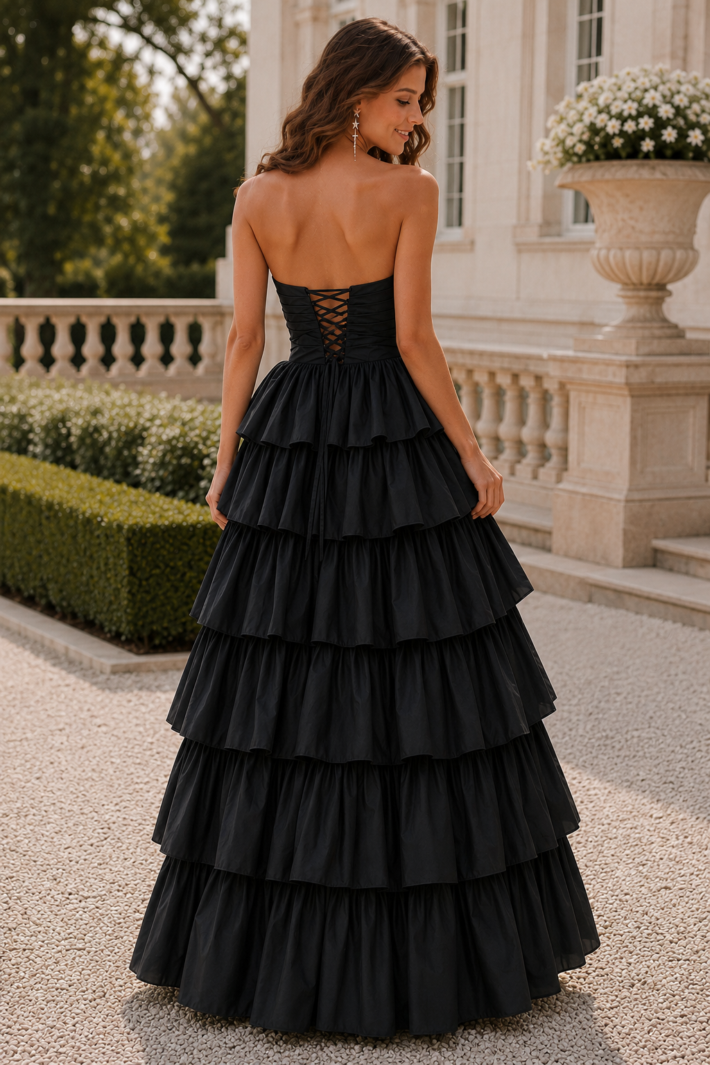 Helthia Strapless Tiered Ruffle Gown with Slit Prom Dress