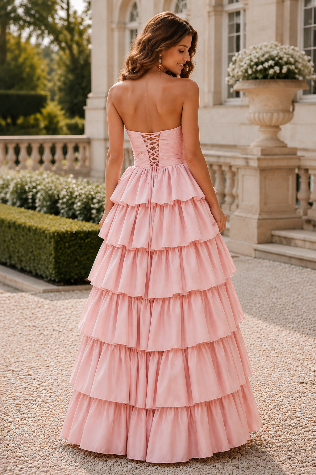 Helthia Strapless Tiered Ruffle Gown with Slit Prom Dress
