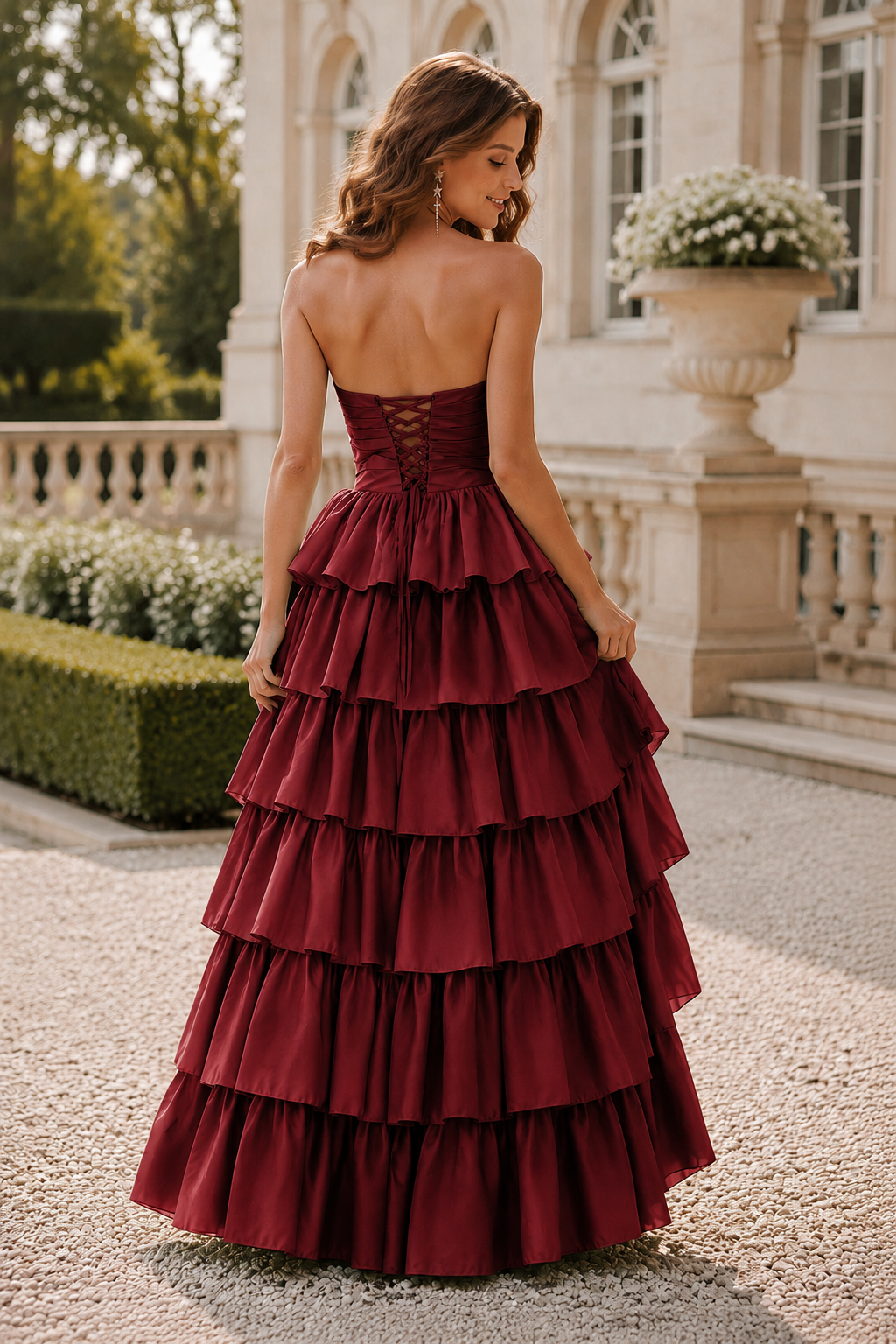 Helthia Strapless Tiered Ruffle Gown with Slit Prom Dress