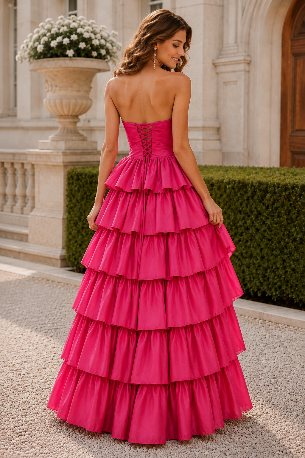 Helthia Strapless Tiered Ruffle Gown with Slit Prom Dress
