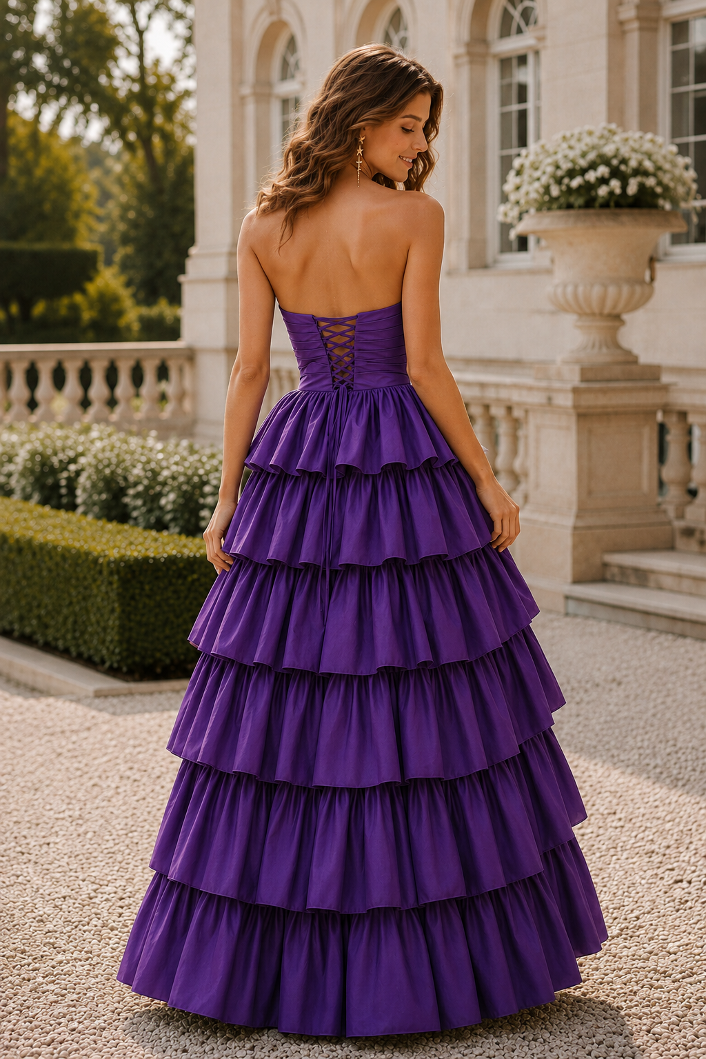 Helthia Strapless Tiered Ruffle Gown with Slit Prom Dress
