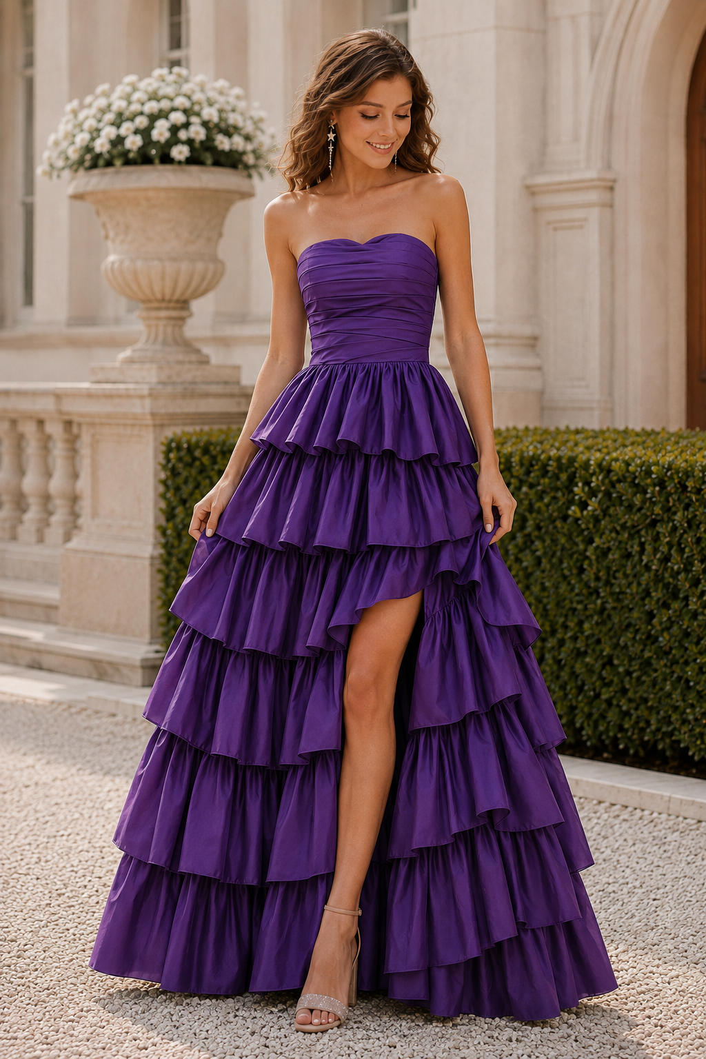Helthia Strapless Tiered Ruffle Gown with Slit Prom Dress