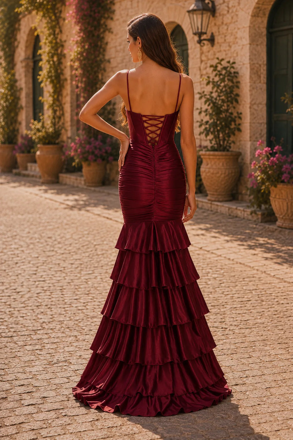 Isalina Spaghetti-Strap Tiered Ruffle Gown with Slit Prom Dress