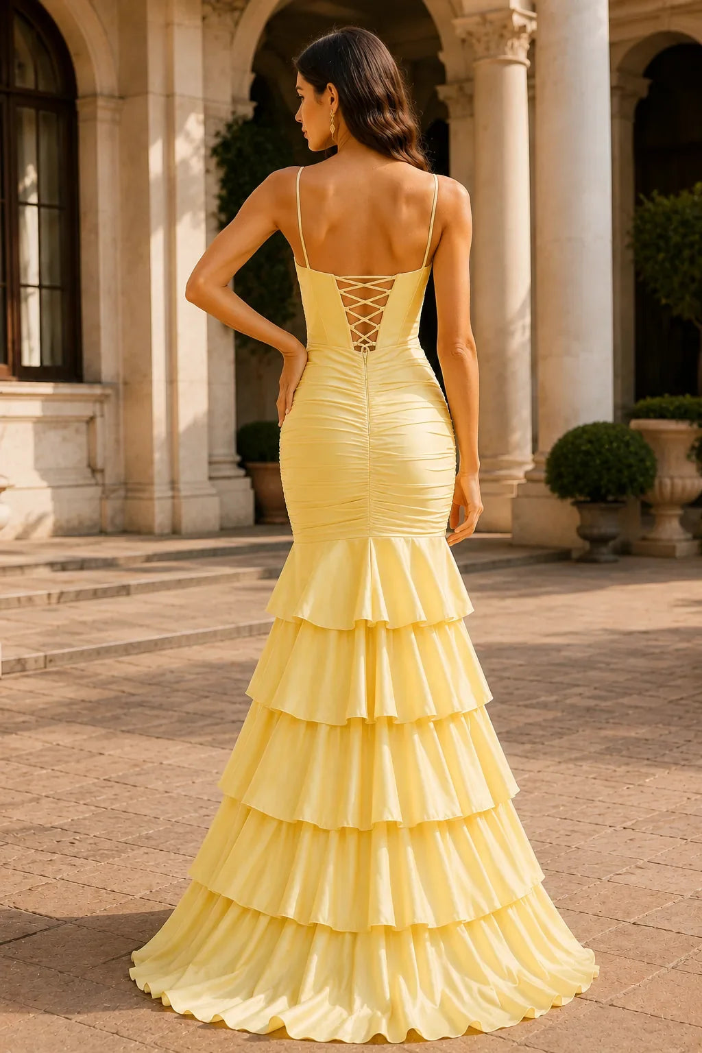Isalina Spaghetti-Strap Tiered Ruffle Gown with Slit Prom Dress