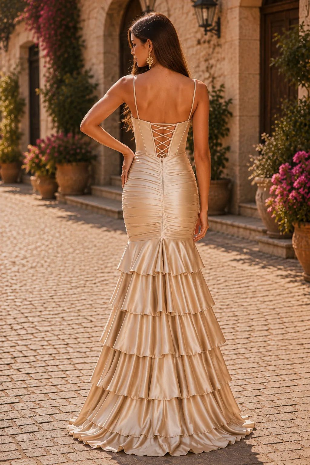 Isalina Spaghetti-Strap Tiered Ruffle Gown with Slit Prom Dress