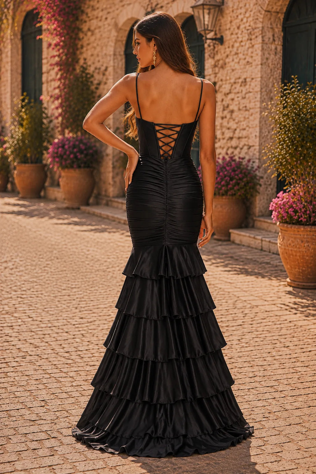 Isalina Spaghetti-Strap Tiered Ruffle Gown with Slit Prom Dress