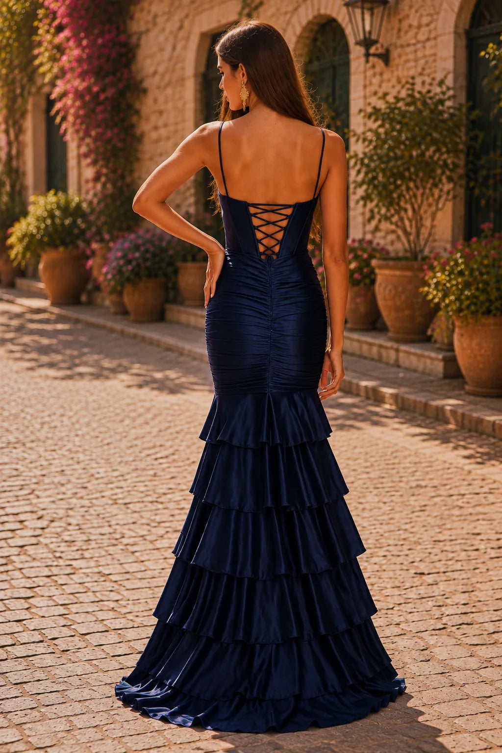 Isalina Spaghetti-Strap Tiered Ruffle Gown with Slit Prom Dress