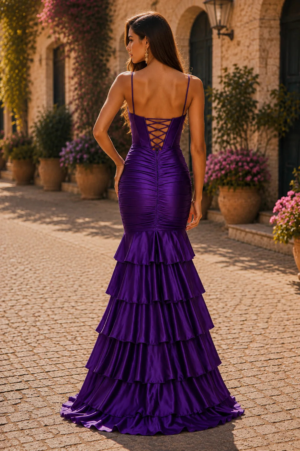 Isalina Spaghetti-Strap Tiered Ruffle Gown with Slit Prom Dress