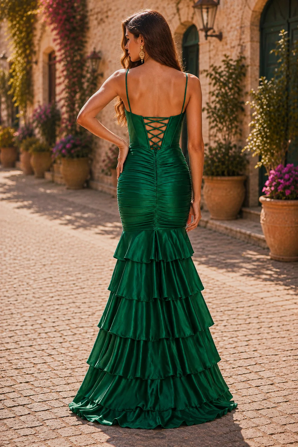 Isalina Spaghetti-Strap Tiered Ruffle Gown with Slit Prom Dress