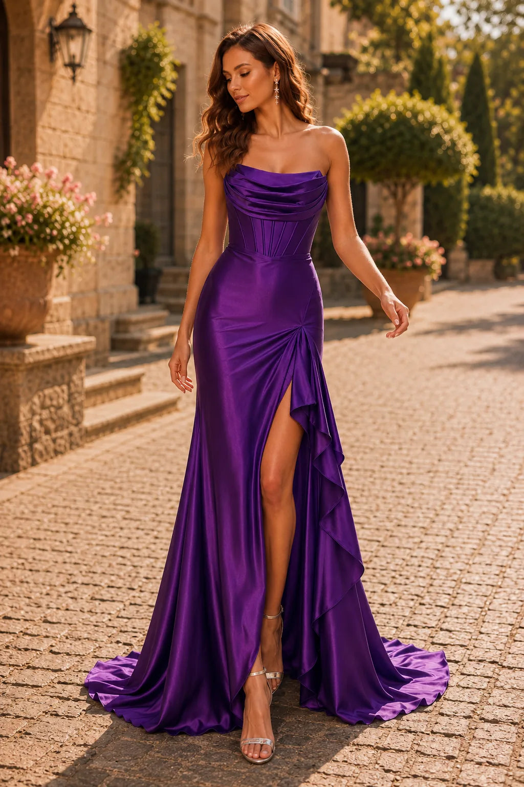 Helsera Teal Strapless Fitted Gown with Slit Prom Dress