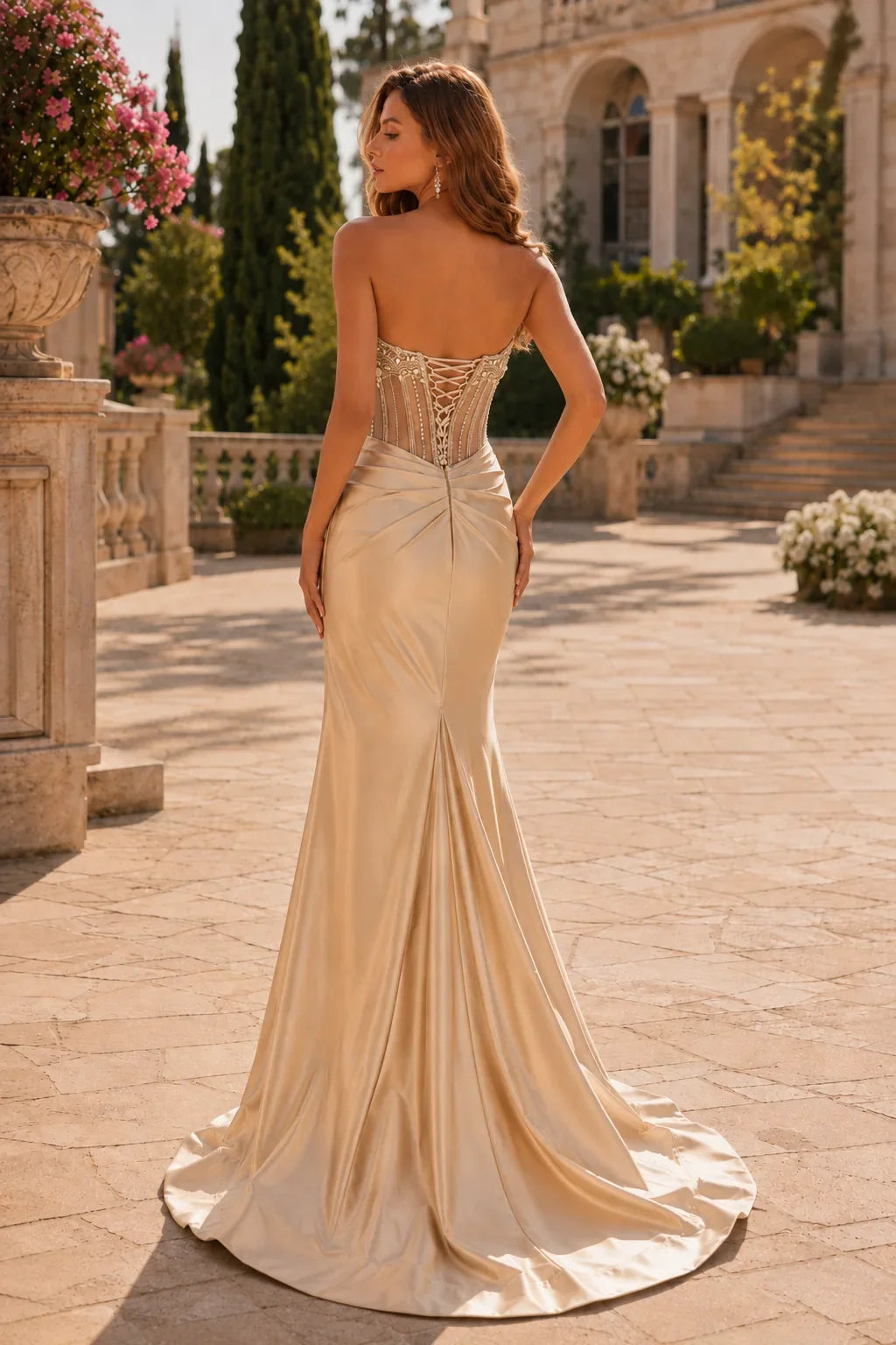 Hellena Strapless Embellished Corset Gown with Slit Prom Dress