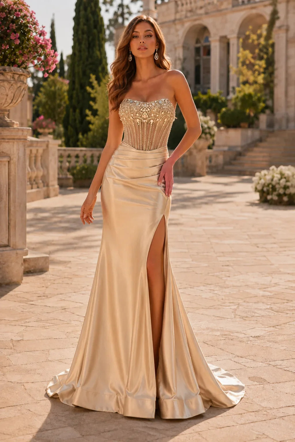 Hellena Strapless Embellished Corset Gown with Slit Prom Dress
