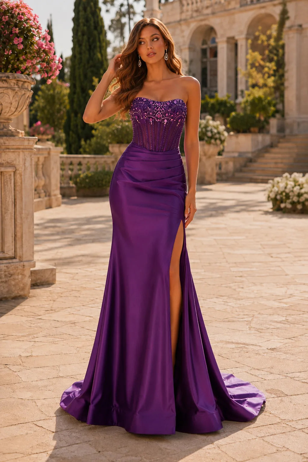 Hellena Strapless Embellished Corset Gown with Slit Prom Dress