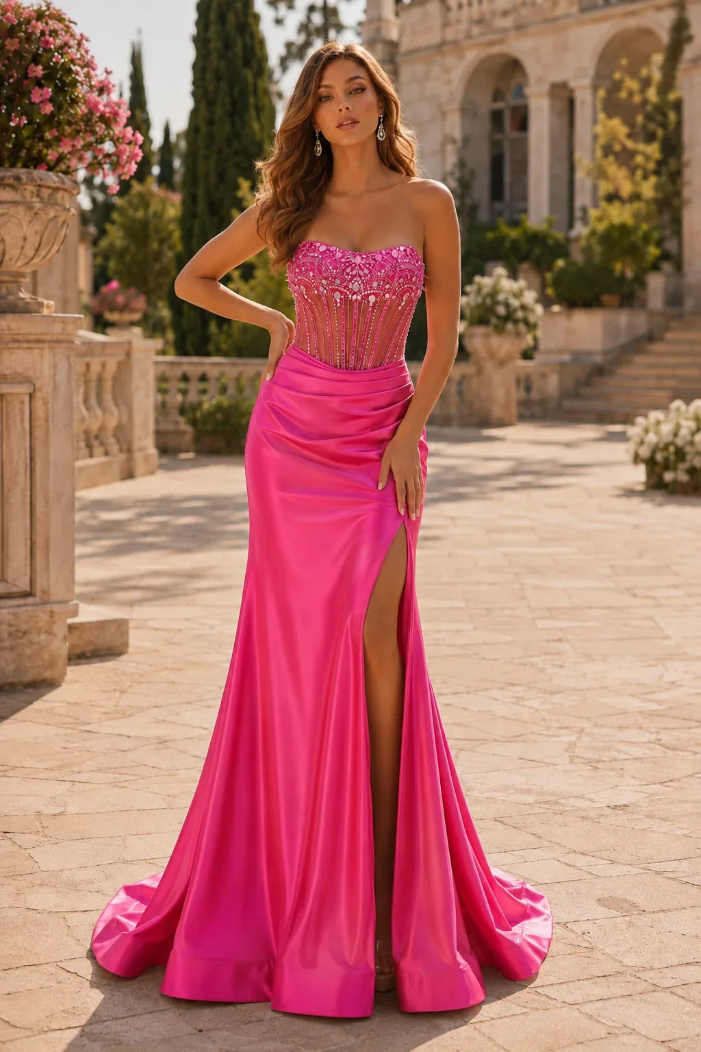 Hellena Strapless Embellished Corset Gown with Slit Prom Dress