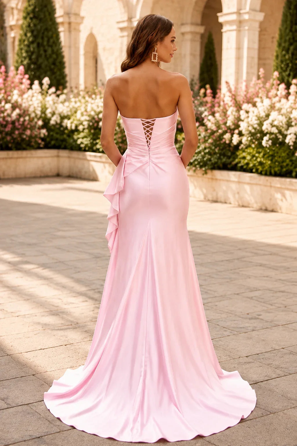 S8887P Strapless Ruched Mermaid Prom Dress with Ruffle Slit