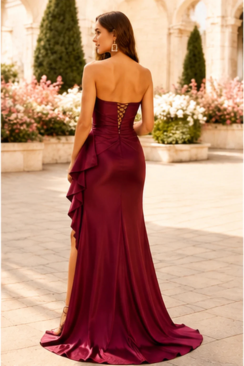 S8887P Strapless Ruched Mermaid Prom Dress with Ruffle Slit