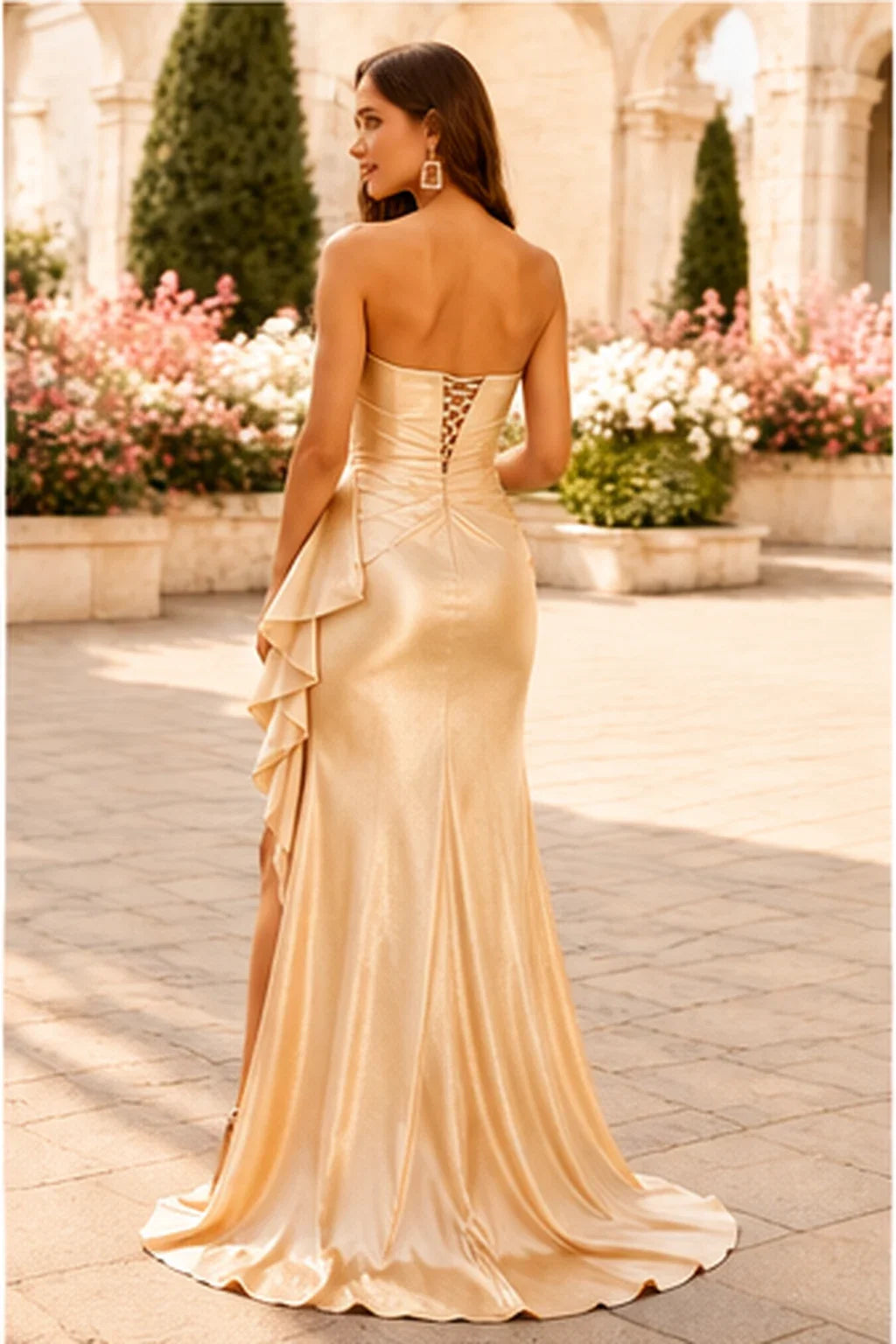 S8887P Strapless Ruched Mermaid Prom Dress with Ruffle Slit