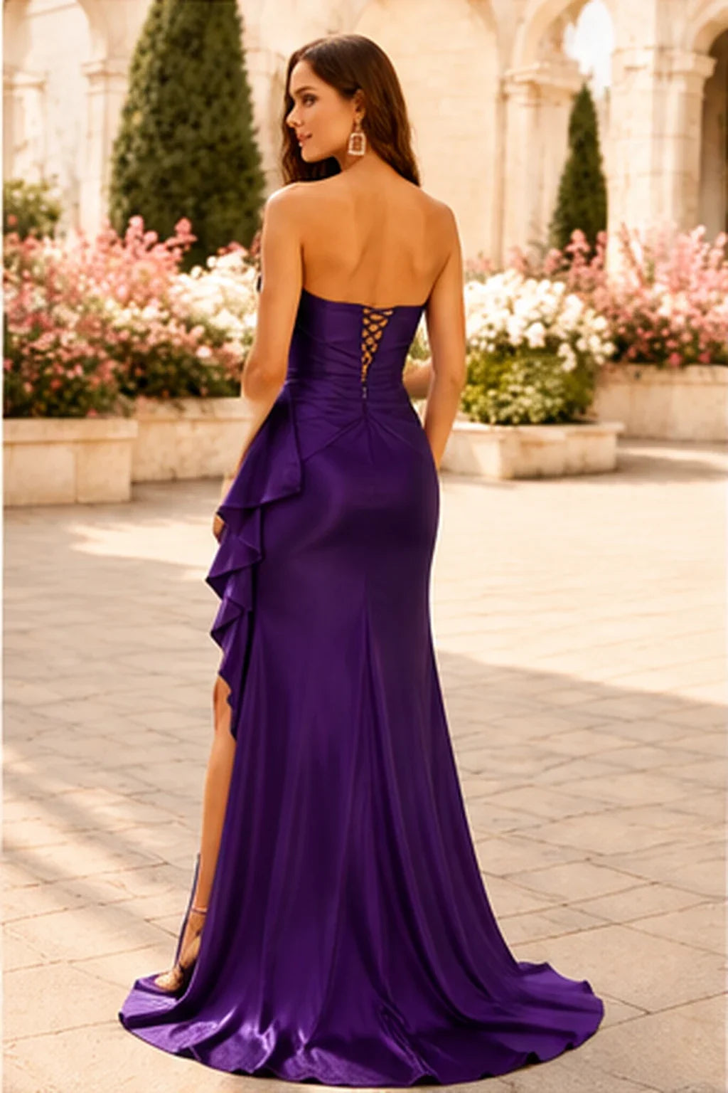 S8887P Strapless Ruched Mermaid Prom Dress with Ruffle Slit