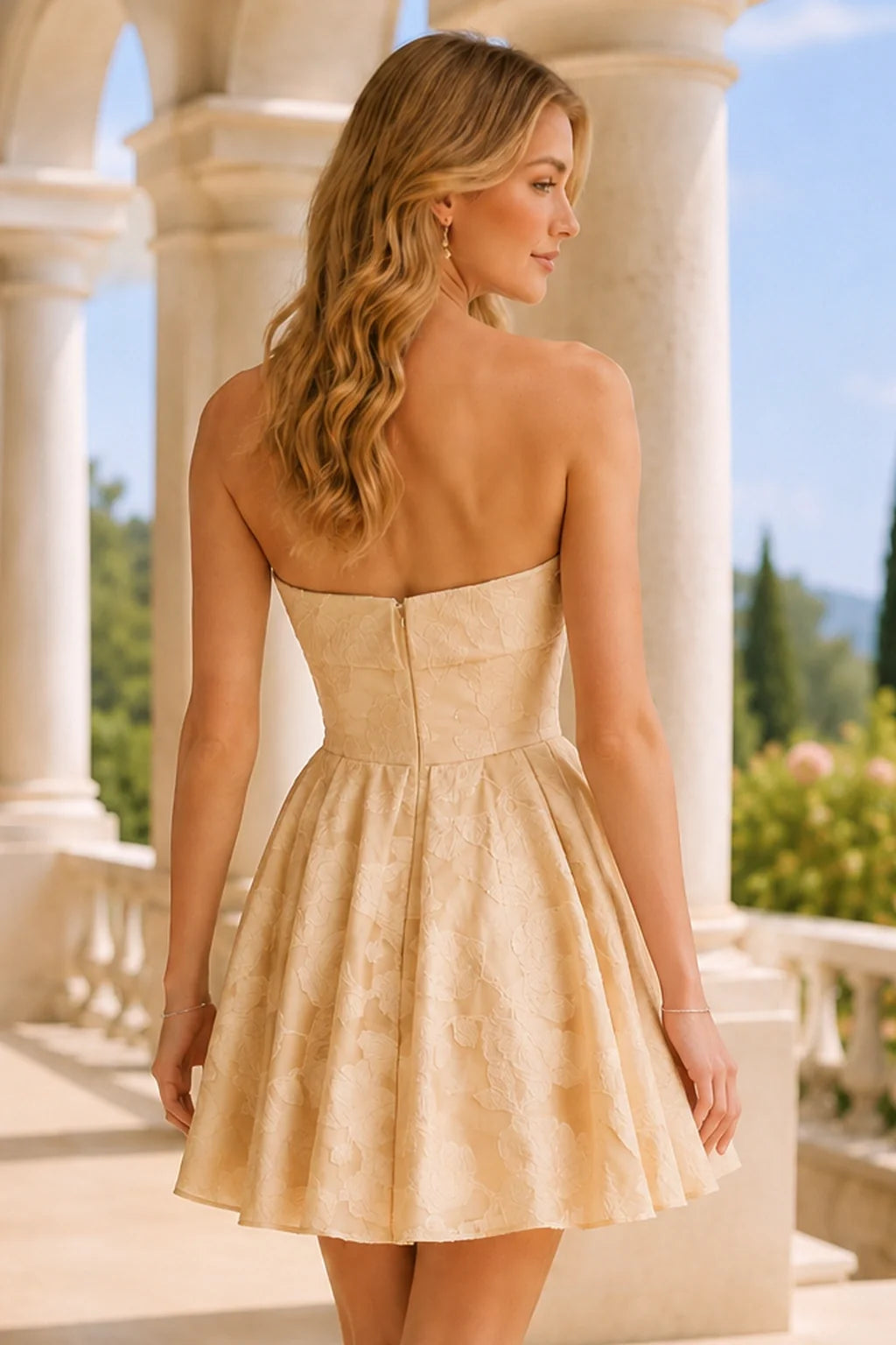Saylor Ice Blue Floral Strapless A-Line Mini Homecoming Dress